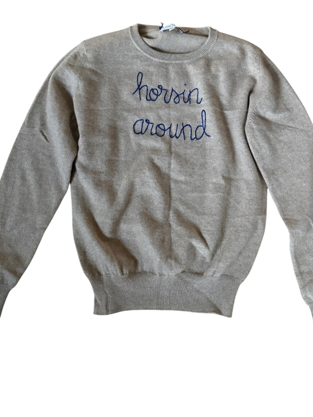 Lingua Franca Cashmere Sweater Embroidered Horsin Around Sz S Camel Brown Tan